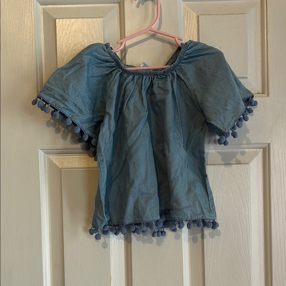 Arizona Jean Company Blue Off-Shoulder Blouse with Pom-Pom Trim